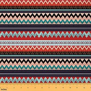 Feelyou Boho Stripes Upholstery Fabric by The Yard, Ethnic Tribal Art Print Reupholstery Fabric for Chairs, Indian Traditional Wave Pattern Decorative Waterproof Outdoor Fabric, 3 Yards, Red Blue