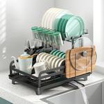 Hello Home Stainless Steel Dish Drying Rack Large, 2 Tier Kitchen Drainer Rack, 360 Flexible Draining Board For Counter - Sink With Drip Tray, Utensil Holder, Cup (Black42 X 30 33 Cm, 42 Cm)