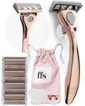 FFS Beauty Starter Shaving Set for Women - Premium Metal Razor Handle, Shower Holder, Travel Pouch, 4 SmoothGlide 6-Blade Cartridges with Vitamin E Lubrication Strip (Rose Gold)