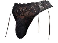 Sissy Pouch Panties Men's Silky lace Thong Briefs Bikini Underwear for Men L_T, Dark Black, Medium