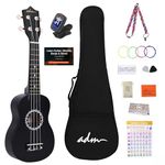 ADM Soprano Ukulele Set for Kids and Beginners, Ukulele Starter Kit with Bag, Clip-On Tuner, Rainbow Strings, Colourful Strap, Plectrum, Fingerboard Sticker, Chord Card (Matte Black)