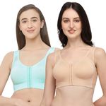 SOIE Women's Front Closure Full Coverage Non Padded Non Wired Posture Correction Bra Pack of 2(Combo CB-334 Aqua/Nude S)