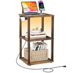 OUTONLIFE Nightstand with LED Light & Charging Station, Narrow Wood Side Table with 2 USB Ports & AC Outlet, Small Sofa Bed End Table with 3-Tier Storage Shelves for Living Room, Bedroom (Brown)