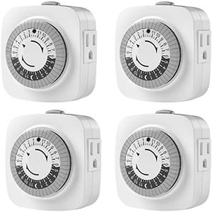 24 Hour Indoor Mechanical Timer with 2 Ground 3 Plug Socket Timer，30 min Daily on/Off Cycle for Lamps, Christmas Tree Lights, ETL Certified, White，4 Pack