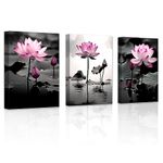 LZIMU Zen Lotus Flower Wall Art 3 Panels Black and White and Pink Water Lilies Pictures Canvas Prints Bathroom Decor for Yoga Studio Meditation Spa Room Framed (Zen-1, 11.00"x14.00"x3)