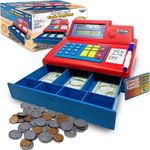 Dr. STEM Toys Pretend & Play Calculator Cash Register with Play Money – Solar Powered, 67-Piece Set for Learning Math Skills, STEM Cash Register for Kids, Red