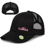 Women's Eco-Friendly Ponytail Hat Messy Bun Baseball Trucker Cap (Black Embroidery)