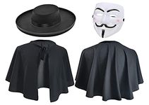 The Dragons Den Vendetta Old English Victorian Guy Fawkes Anonymous Short Mantle Cloak Hat Mask Halloween Fancy Dress [INCLUDES BANDIT HAT, CAPE, VENDETTA MASK]