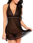 Xs and Os Women Polyester, Lace & Spandex Mini Babydoll Lingerie (Panty Included) Black