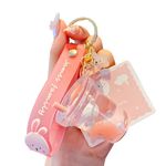 ICI-Rencontrer Cute Kawaii Floating Cartoon Animals Rabbit Milk Tea Cup Design Backpack Car Key Pendant Kids Girls Women Handbag Wallet Clear Acrylic Glitter Liquid Keychain, 5 x 3 x 3.7 cm