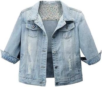 AMEBELLE Women's 3/4 Sleeve Strech Distress Slim Crop Denim Jean Trucker Jacket(0099-LightBlue-XXL)