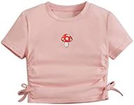 SHENHE Girl's Mushroom Print Short Sleev Crop Tops Ruched Drawstring Tee T Shirts Light Pink 11-12Y