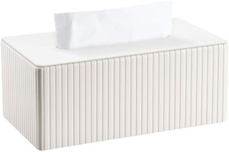 KINGFOM PU Leather Tissue Box Cover Rectangular Tissue Box Holder with Magnetic Bottom, Napkin & Facial Tissue Holder Dispenser for Home, Office (Decorative Pattern-PU Leather, Off-White Stripe)