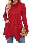 RANPHEE Fall Clothes for Women 2024 Red Long Sleeve Cowl Neck Casual Asymmetrical Hem Tops Loose Fit Pullover Shirts Swing Tunic Tops to wear with Leggings M