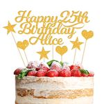 Happy Birthday Cake Topper Personalised 3 Star 3 Heart Customised Any Name Party Cake Decoration Gift Card 1st 18th 21st 30th 45th 60th 80th 100th for Girl Boy Mom Dad Grandparent (Gold)