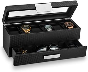 Glenor Co Watch Box with Valet Drawer for Men - 6 Slot Luxury Watch Case Display Organizer Carbon Fiber Design -Metal Buckle for Mens Jewelry Watches Men's Storage Holder Boxes has a Large Glass Top