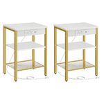 HOOBRO Set of 2 End Table with Charging Station and USB Ports, 3-Tier Nightstand with Adjustable Shelves, Side Table for Small Space, Living Room, Bedroom Modern Style, Gold and White DW112BZP201G1