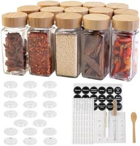 MONICA 14 Glass Spice Jars with Bamboo Airtight Lids and 5 Types of Spice Labels-4oz Empty Square Spice Bottles with Shaker Lids and Silicone Collapsible Funnel,Test Tube Brush,Bamboo Spoons
