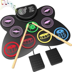 Epzia 9-Pad Silicon Electronic Drum Set with Headphone Jack, Foot Pedals, Sticks, Built-in Speakers - Kids on Christmas and Birthdays - Ideal Electric Drums Kit