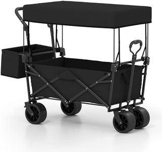 Costway Collapsible Wagon with Removable Canopy,Folding Garden Cart with Adjustable Handles,Detachable Storage Bag&Big Wheels,Heavy Duty Outdoor Utility Cart for Camping,Beach&Shopping (Black)