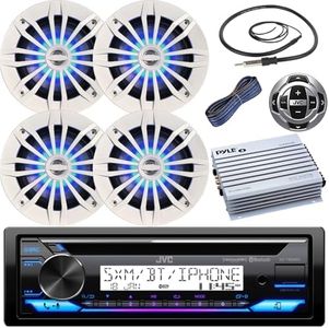 JVC KD-T92MBS Single DIN Marine Bluetooth AM/FM USB AUX CD Player Stereo Receiver w/Remote, (Qty 4) 6.5" 180 Watt Max Blue LED Light White Speakers, 4 Channel 400W Amplifier, Antenna, Speaker Wire