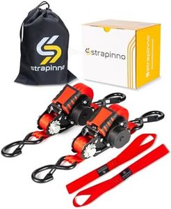 Strapinno Retractable Ratchet Straps - 1 in x 12 ft Heavy Duty Tie Downs, 1800lbs Breaking Strength Each, S Hooks with Safety Clip, AutoRetract, for Moving, Motorcycle, Boat, Kayak, and Cargo (2) Red
