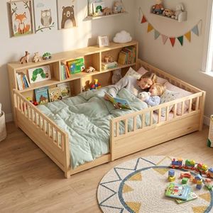 IHUESHO Full Size Floor Bed with 21.4" High Solid Guardrail & 2-Tier Storage Cabinet, Premium Pine Wood Bed Frame for Kids, Boys and Girls Room Transition, Natural