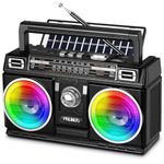 PRUNUS Radio AM FM, Portable Transistor Radio with Bluetooth Speaker, USB TF Card Playing, Solar/USB-C Rechargeable Radio, Double Speaker, Colorful Light