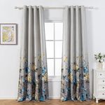 MYSKY HOME Blue Curtains 95 inches Long Set of 2 Panels Printed Flower Grommet Thermal Insulated Linen Look Textured Curtains for Living Room, Bedroom, Blue and Grey