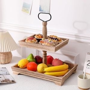 MININUSI Fuente de Madera para Servir Bandeja de 2 Niveles para Fiestas Boda Frutero Soporte Tartas 2 Pisos Bandeja Rústica de Dos Rectangulares Bandeja para Servir Cupcakes Frutas con Mango de Metal