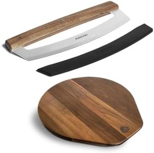 BURNHARD Pizzabrett Bundle mit Wiegemesser, Klingenstahl & Akazienholz, 34 cm ⌀ runder Pizzateller mit Griff