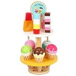 SOKA Wooden 16 Pieces Ice Cream Stand Popsicle Collection Pretend Role Play Set Game Colourful Variety Lolly Shop Food Stand Toy Set for Kids Children Girl Ages 3 year old +