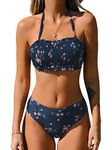 CUPSHE Bikini Set for Women Bandeau Top Back Tie Swimming Costume Mid Waisted Bottom with Removable Shoulder Straps Swimsuit Two Piece Navy Floral M