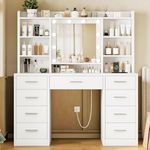 TEENFON 9 Drawers Vanity Desk with Large Mirror and 10 Lights, Makeup Vanity with Power Outlet & 9 Open Storage Shelves, 3 Lighting Modes Brightness Adjustable for Bedroom, White