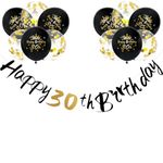 Happy 30th Birthday Banners Men Women 30th Birthday Banner Bunting Black Gold Personalized Including 12 Pack 12” Latex Printed Balloons Women Men 30 Birthday Decorations Supplies