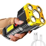 Torches LED Super Bright, Five-Nuclear Explosion Flashlight Strong Light USB Rechargeable, LED Spotlight Flashlight Portable Powerful Searchlight with 4 Lighting Modes (Gold)