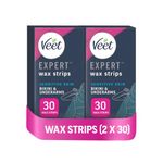 Veet Expert Cold Wax Strips, Hair Removal, Bikini & Underarms, Sensitive Skin, 30 Strips each, 3 Finish Wipes, with Almond Oil, Pack of 2