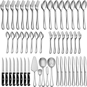 LIANYU 65-Piece Silverware Set with Steak Knives and Serving Utensils, Stainless Steel Flatware Cutlery Set Service for 10, Eating Utensil Set for Home Party Wedding, Dishwasher Safe, Mirror Finished