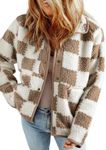 SHEWIN Fall Jackets For Women 2024 Casual Plaid Sherpa Jacket Loose Lightweight Fleece Womens Coats Winter Clothes Pale Khaki Medium