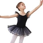 HIPPOSEUS Girls Ruffle Sleeve Ballet TUTU Leotards Dance Dresses Black Leotard Outfit for Ballerina,Y-04WDM, 6-8 Years