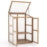 GiantexUK Mini Wooden Greenhouse, Polycarbonate Garden Cold Frame with Adjustable Shelves, 2 Doors and Openable Skylight, Portable Outdoor Vegetable Flower Plant Growhouse, 76 x 57 x 111cm