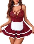 Avidlove Sexy Maid Lingerie for Women French Maid Outfit Maid Costume Babydoll Lingerie Sets(Wine Red,Medium)