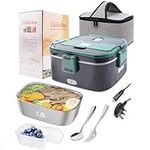 Homtibrm Electric Lunch Box 70W 3 in 1 Heated Lunch Box with 1.8L 304 SS Container/Insulated Bag/Large Cutlery Set,12V 24V 220V Food Warmer for Car Truck Office School and Home Use Green