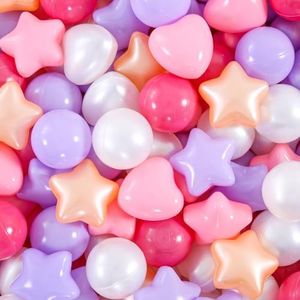 Heopeis Ball Pit Balls Stars and Hearts, Crush Proof Plastic Balls for Toddlers 1-5 Girls Ball Pits, Gold Pink Colors Balls Phthalate BPA Free Crush Proof Plastic Toy Balls with Storage Bag, 100pcs.