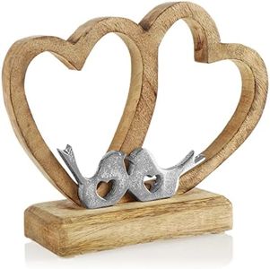 COM-FOUR® Corazón decorativo - corazón de madera sobre base de madera - corazón decorativo de madera con 2 pájaros de metal para poner - corazón decorativo para regalar (Corazón de madera con pájaros)