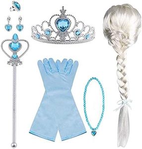 Vicloon Princesa Vestir Accesorios, 9 Pcs Azul Elsa Princesa Accesorios de Disfraces, Regalo Conjunto de Belleza - Peluca Corona Anillo Sceptre Collar Pendientes Guantes para Niña