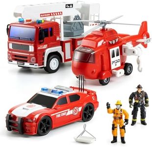 Friction Powered Fire Rescue Toy Set – 1:20 Scale Fire Truck, Helicopter & 2 Firefighter Action Figures with Lights & Sounds – Educational Emergency Vehicle Playset for Kids Ages 3+
