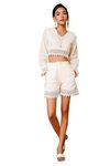 COOL AND CASUAL Cotton Two Piece Dress For Women Long Sleeves Women's V-Neck Top And Shorts, Salwar Suit Set, White