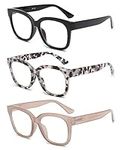 JM 3 Pack Oversized Reading Glasses for Women Square Blue Light Blocking Computer Readers Spring Hinge +1.5