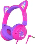 iClever Kids Headphones Cat Ear, LED Light Up, 85dBA Safe Volume, Stereo Sound Toddler Headphones for Travel School, Foldable 3.5mm Wired Kids Headphones for iPad Tablets, Meow Lollipop-Hot Pink